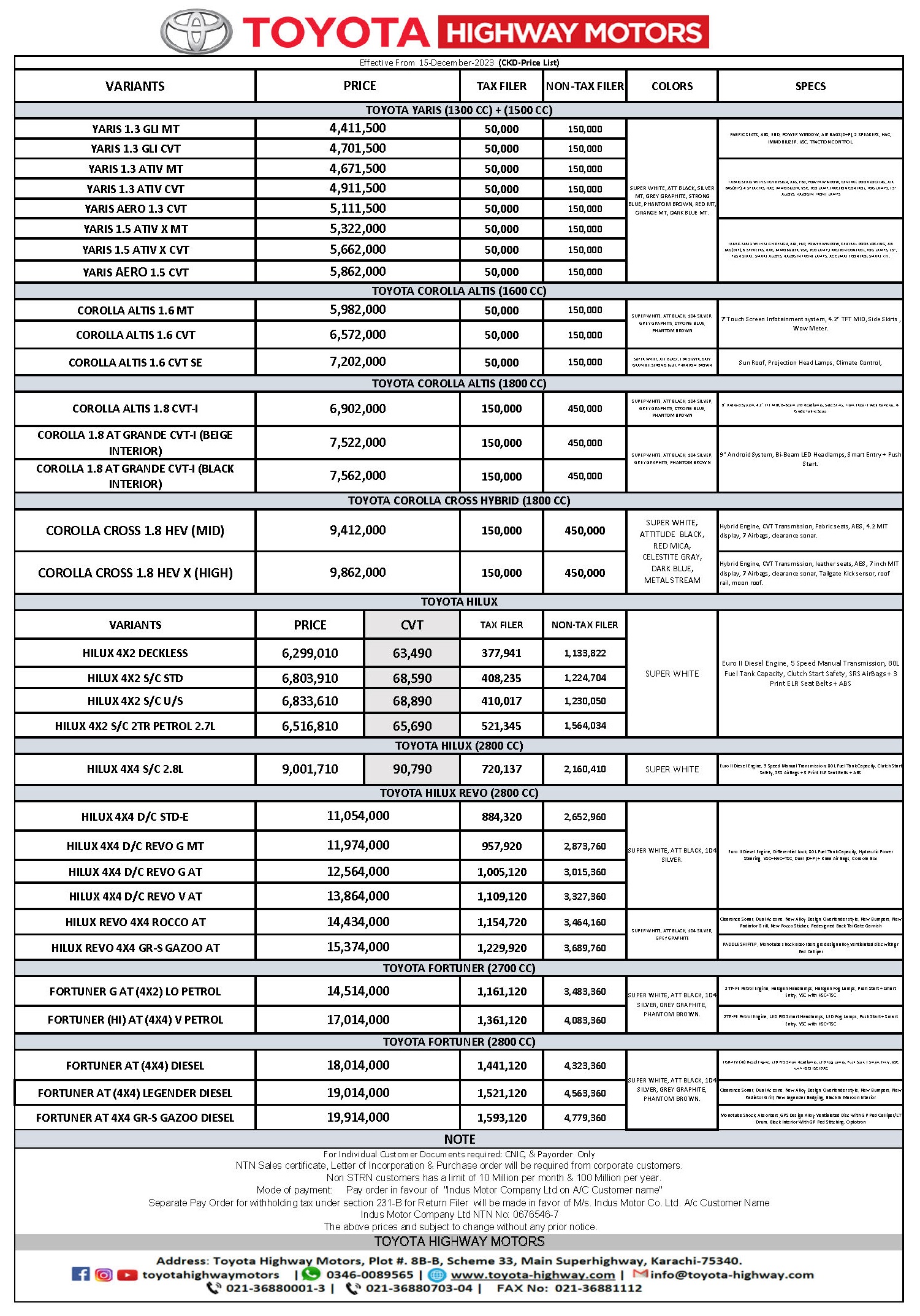 Toyota Vehciles Price List